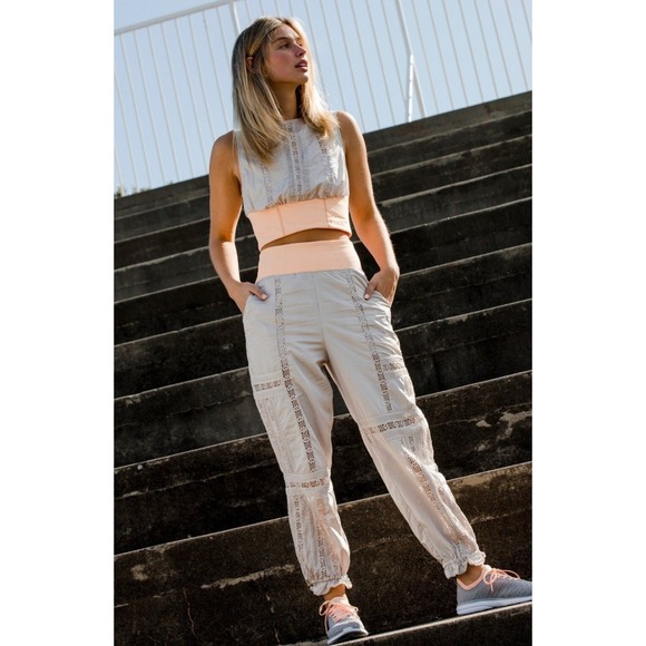 Free People Pants - Free People Movement Oh Hey Applique Jogger Pants Crochet Lace Gray Peach